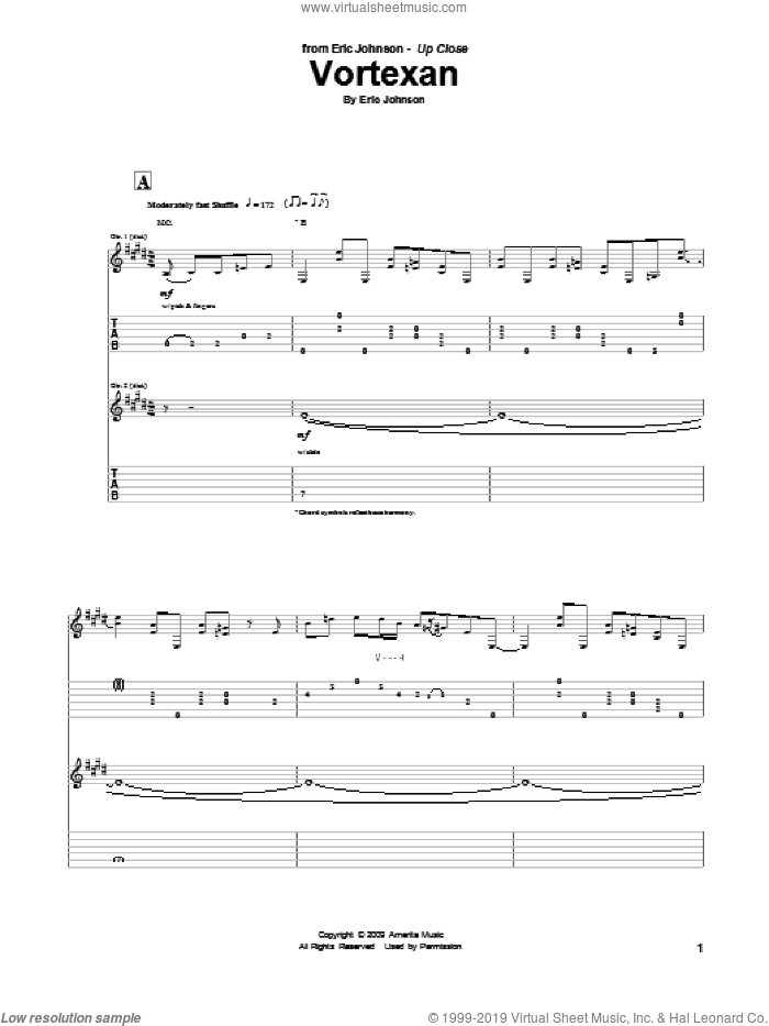 Vortexan sheet music for guitar (tablature) by Eric Johnson, intermediate skill level