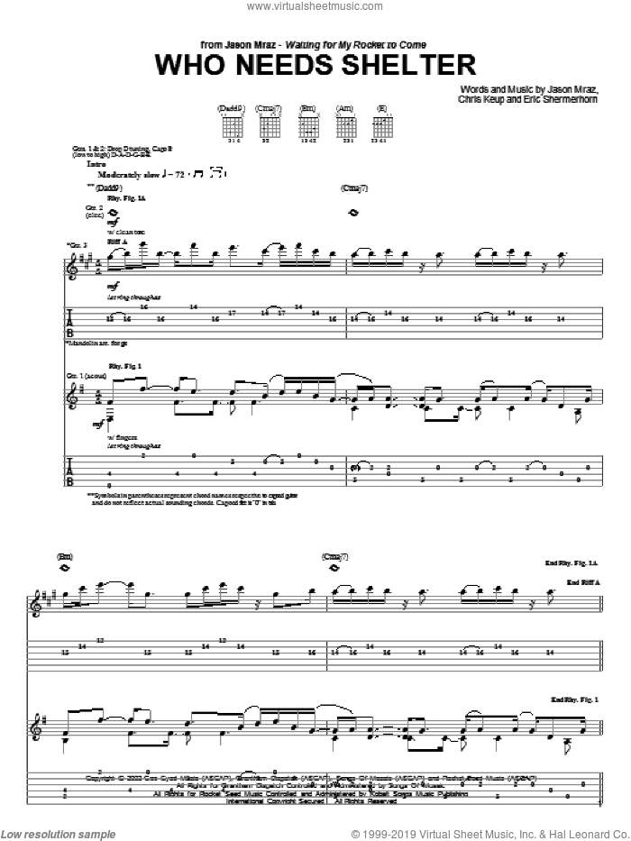 Who Needs Shelter sheet music for guitar (tablature) by Jason Mraz, Chris Keup and Eric Shermerhorn, intermediate skill level