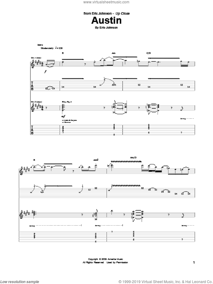 Austin sheet music for guitar (tablature) by Eric Johnson, intermediate skill level