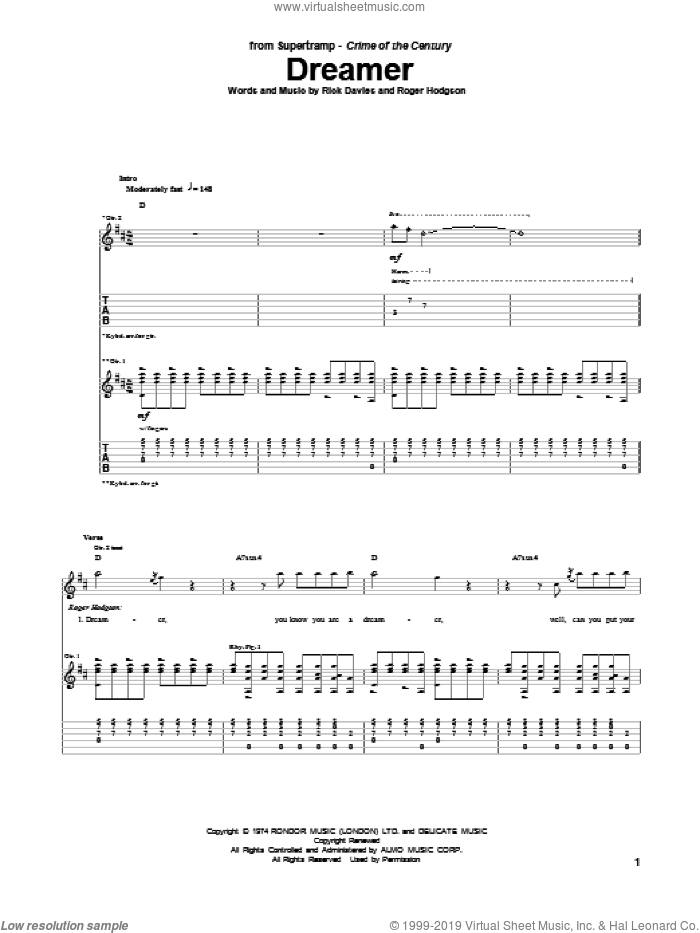 Dreamer sheet music for guitar (tablature) by Supertramp, Rick Davies and Roger Hodgson, intermediate skill level