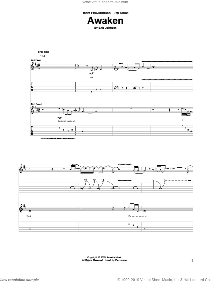 Awaken sheet music for guitar (tablature) by Eric Johnson, intermediate skill level