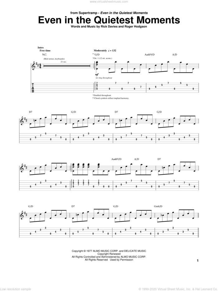 Even In The Quietest Moments sheet music for guitar (tablature) by Supertramp, Rick Davies and Roger Hodgson, intermediate skill level