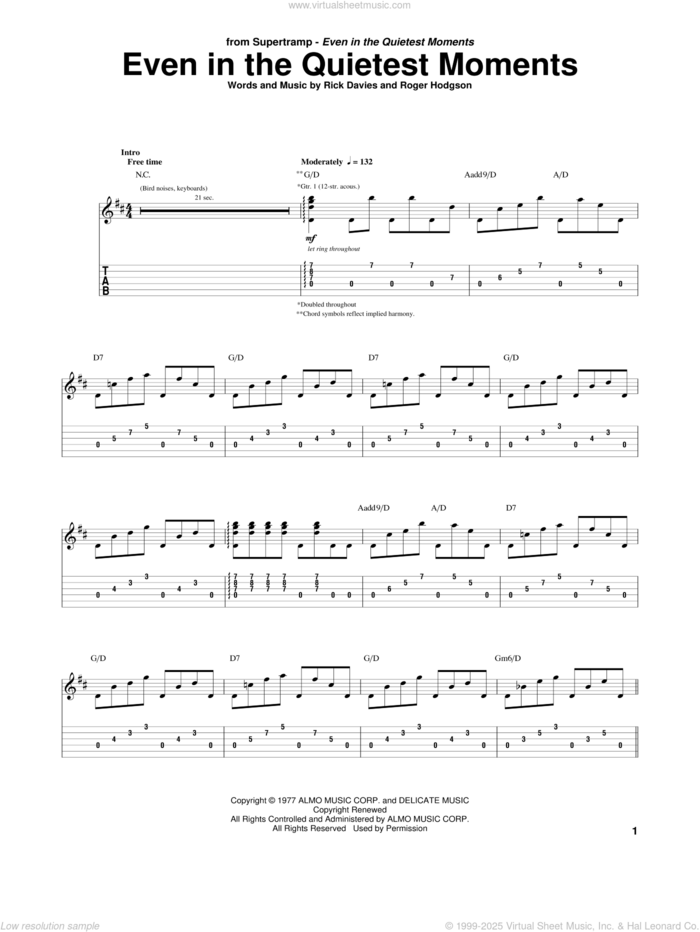 Even In The Quietest Moments sheet music for guitar (tablature) by Supertramp, Rick Davies and Roger Hodgson, intermediate skill level