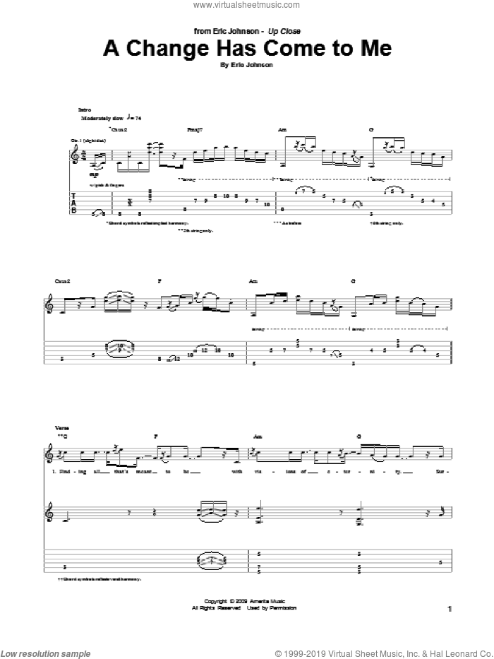 A Change Has Come To Me sheet music for guitar (tablature) by Eric Johnson, intermediate skill level