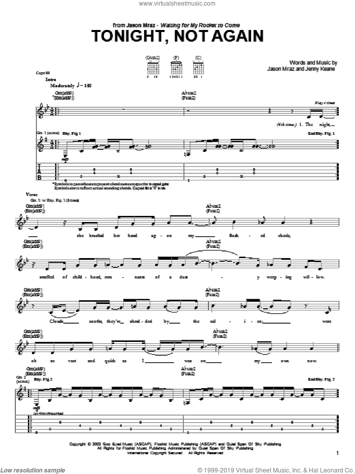 Tonight, Not Again sheet music for guitar (tablature) by Jason Mraz and Jenny Keane, intermediate skill level