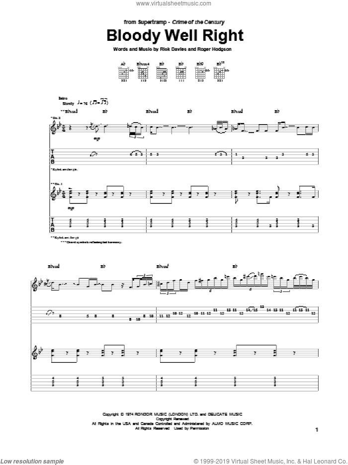 Bloody Well Right sheet music for guitar (tablature) by Supertramp, Rick Davies and Roger Hodgson, intermediate skill level