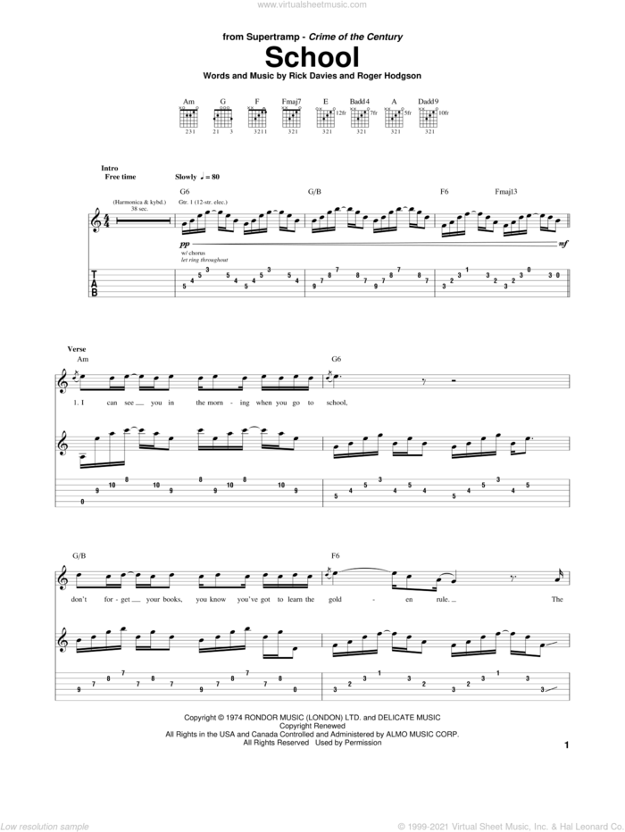 School sheet music for guitar (tablature) by Supertramp, Rick Davies and Roger Hodgson, intermediate skill level