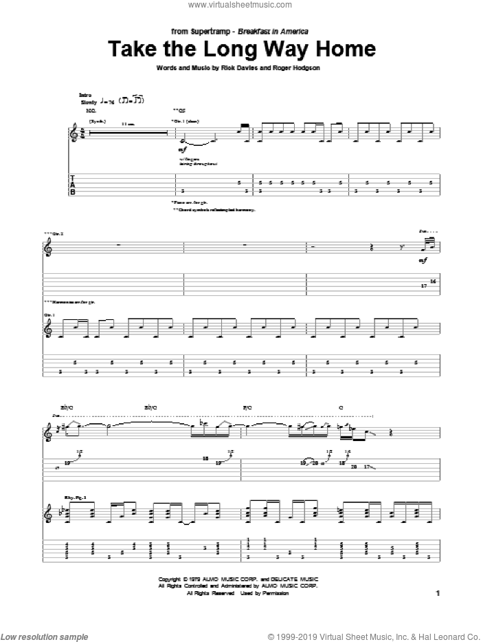 Take The Long Way Home sheet music for guitar (tablature) by Supertramp, Rick Davies and Roger Hodgson, intermediate skill level
