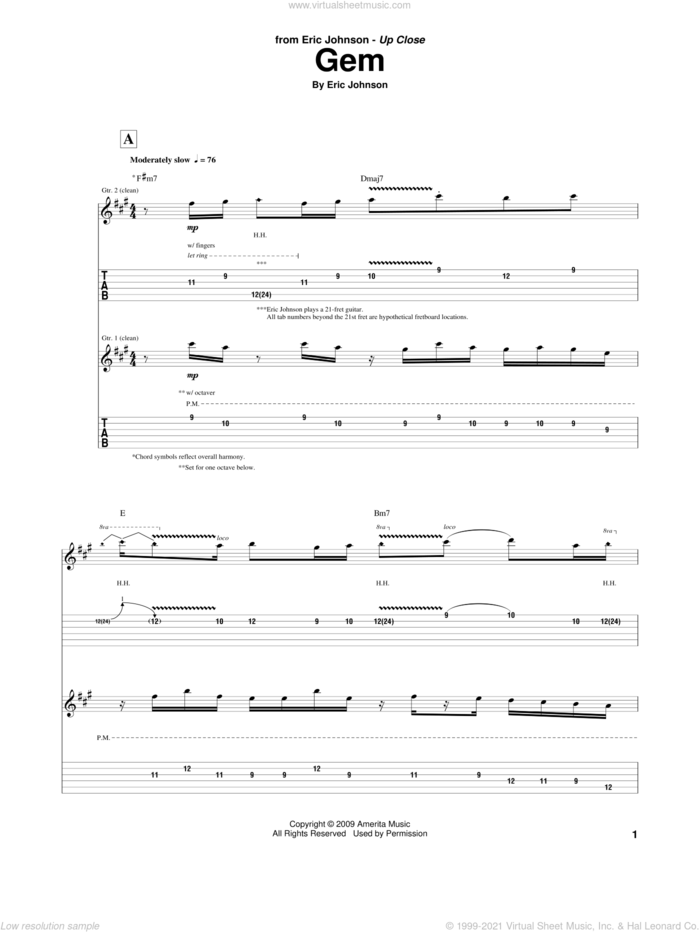Gem sheet music for guitar (tablature) by Eric Johnson, intermediate skill level