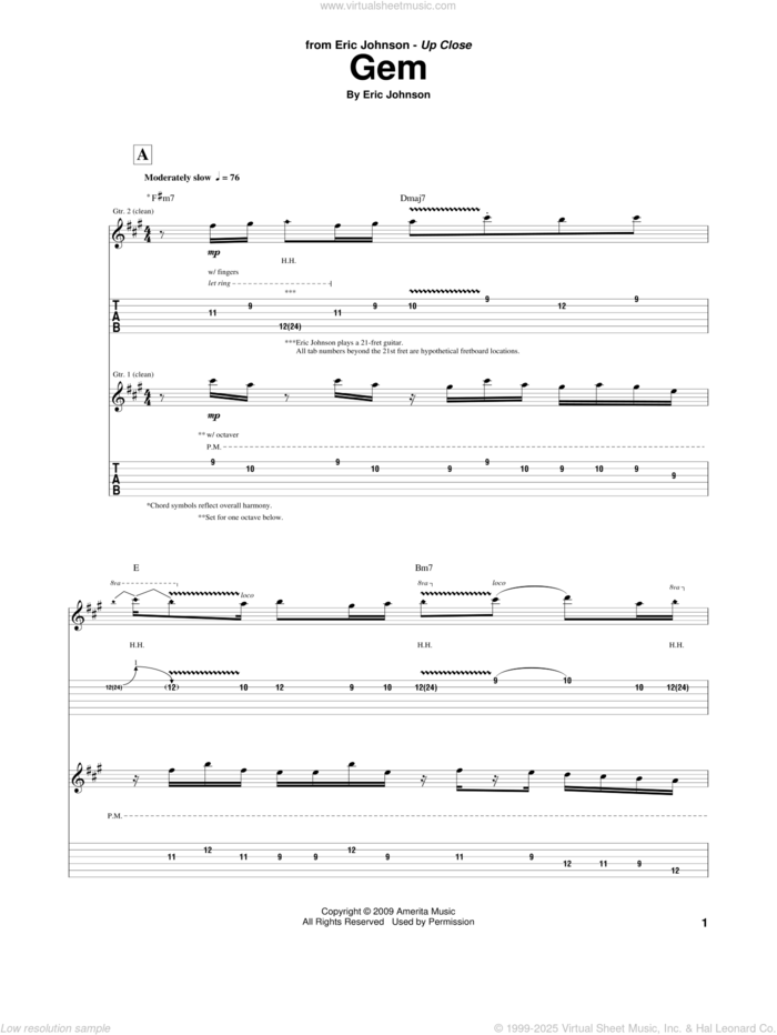 Gem sheet music for guitar (tablature) by Eric Johnson, intermediate skill level