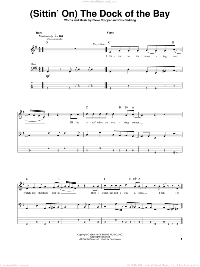 (Sittin' On) The Dock Of The Bay sheet music for bass (tablature) (bass guitar) by Otis Redding and Steve Cropper, intermediate skill level