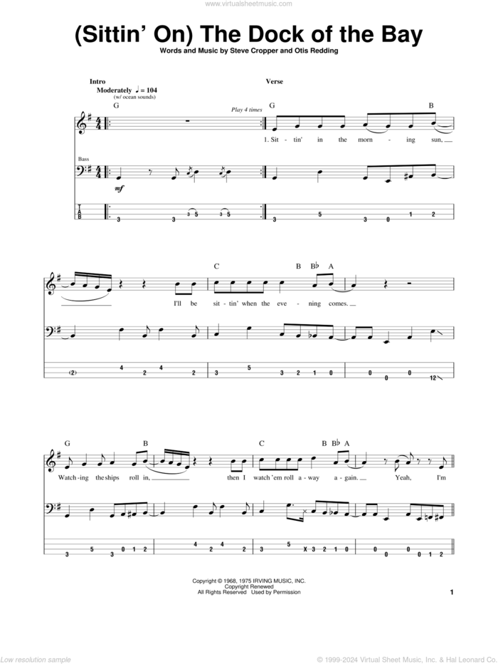 (Sittin' On) The Dock Of The Bay sheet music for bass (tablature) (bass guitar) by Otis Redding and Steve Cropper, intermediate skill level