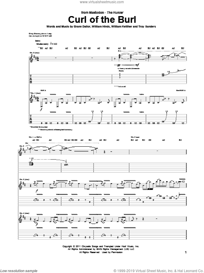 Curl Of The Burl sheet music for guitar (tablature) by Mastodon, Brann Dailor, Troy Sanders, William Hinds and William Kelliher, intermediate skill level