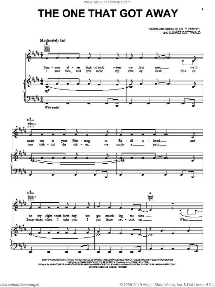 The One That Got Away sheet music for voice, piano or guitar by Katy Perry, Lukasz Gottwald and Max Martin, intermediate skill level