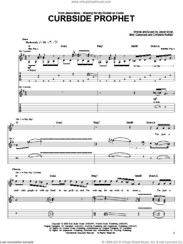 Curbside Prophet sheet music for guitar (tablature) by Jason Mraz, Bill Galewood and Christina Ruffalo, intermediate skill level