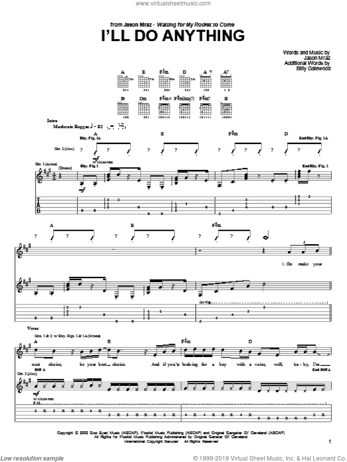 I'll Do Anything sheet music for guitar (tablature) by Jason Mraz and Bill Galewood, intermediate skill level