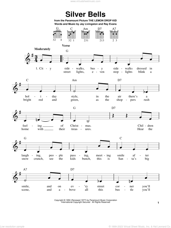 Silver Bells sheet music for guitar solo (chords) by Jay Livingston and Ray Evans, easy guitar (chords)