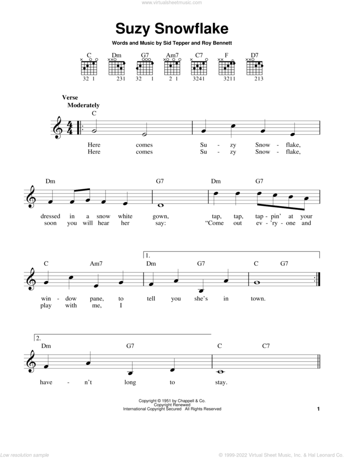 Suzy Snowflake sheet music for guitar solo (chords) by Rosemary Clooney, Roy Bennett and Sid Tepper, easy guitar (chords)