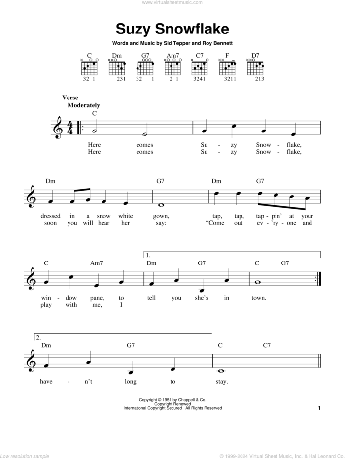 Suzy Snowflake sheet music for guitar solo (chords) by Rosemary Clooney, Roy Bennett and Sid Tepper, easy guitar (chords)