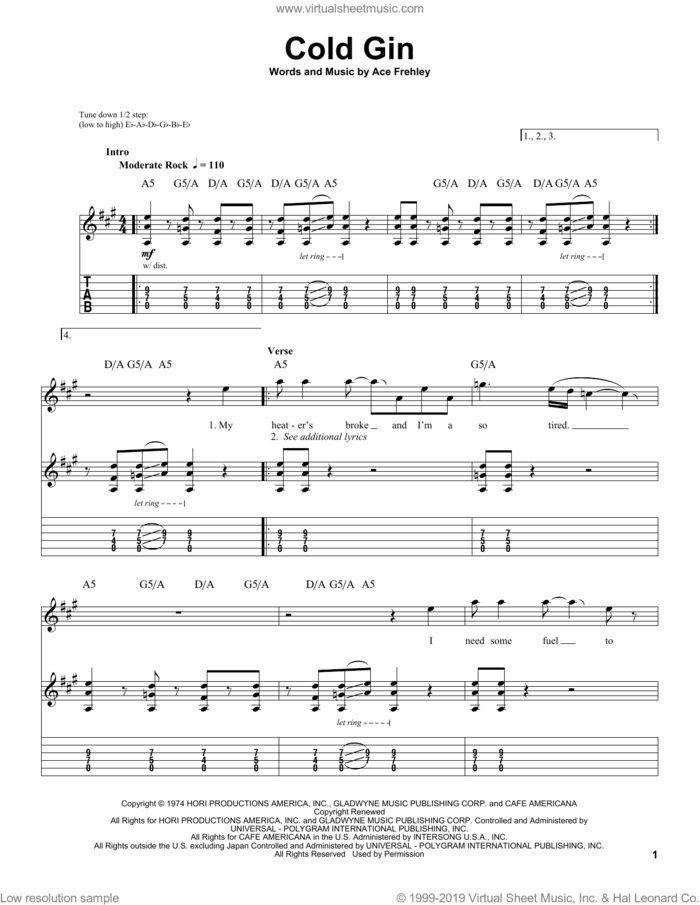 Cold Gin sheet music for guitar (tablature, play-along) by KISS and Ace Frehley, intermediate skill level