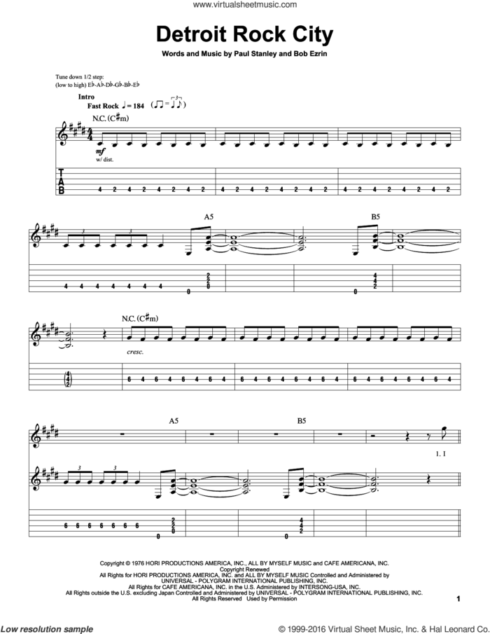 Detroit Rock City sheet music for guitar (tablature, play-along) by KISS, Bob Erzin and Paul Stanley, intermediate skill level