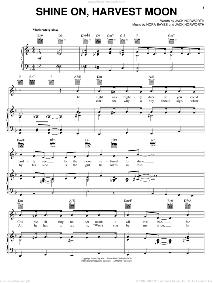 Shine On, Harvest Moon sheet music for voice, piano or guitar by Jack Norworth and Nora Bayes, intermediate skill level