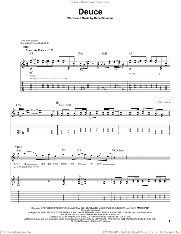 Deuce sheet music for guitar (tablature, play-along) by KISS and Gene Simmons, intermediate skill level