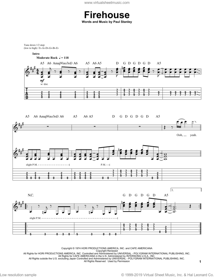 Firehouse sheet music for guitar (tablature, play-along) by KISS and Paul Stanley, intermediate skill level