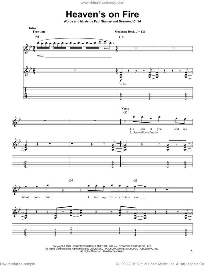Heaven's On Fire sheet music for guitar (tablature, play-along) by KISS, Desmond Child and Paul Stanley, intermediate skill level