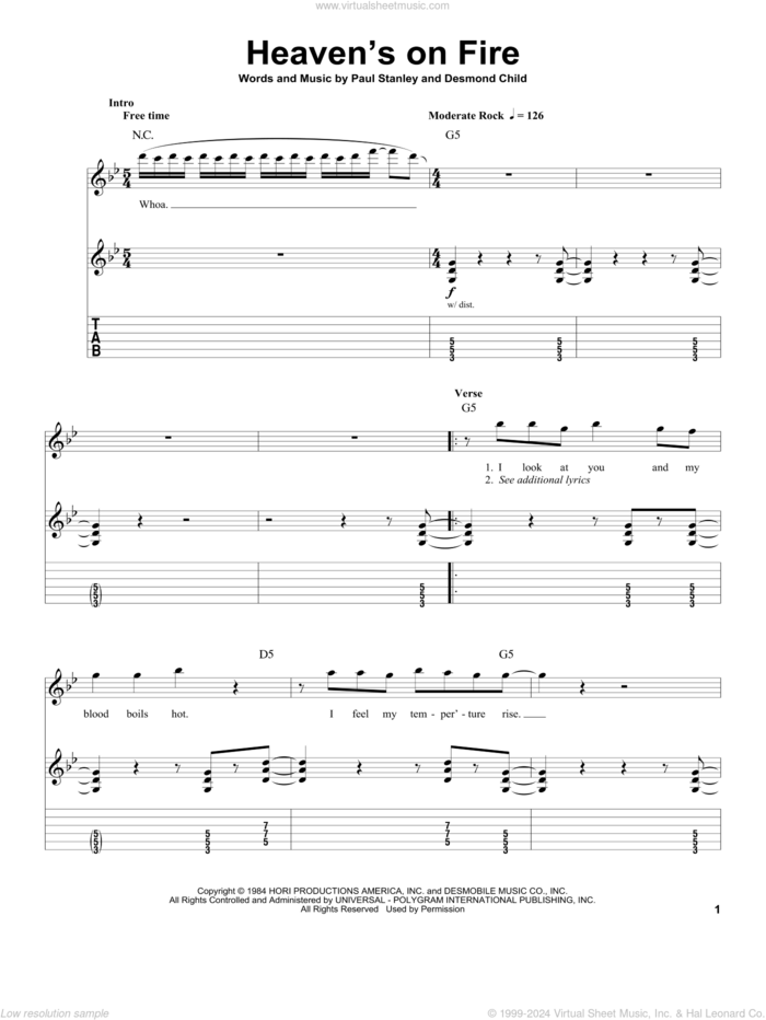 Heaven's On Fire sheet music for guitar (tablature, play-along) by KISS, Desmond Child and Paul Stanley, intermediate skill level