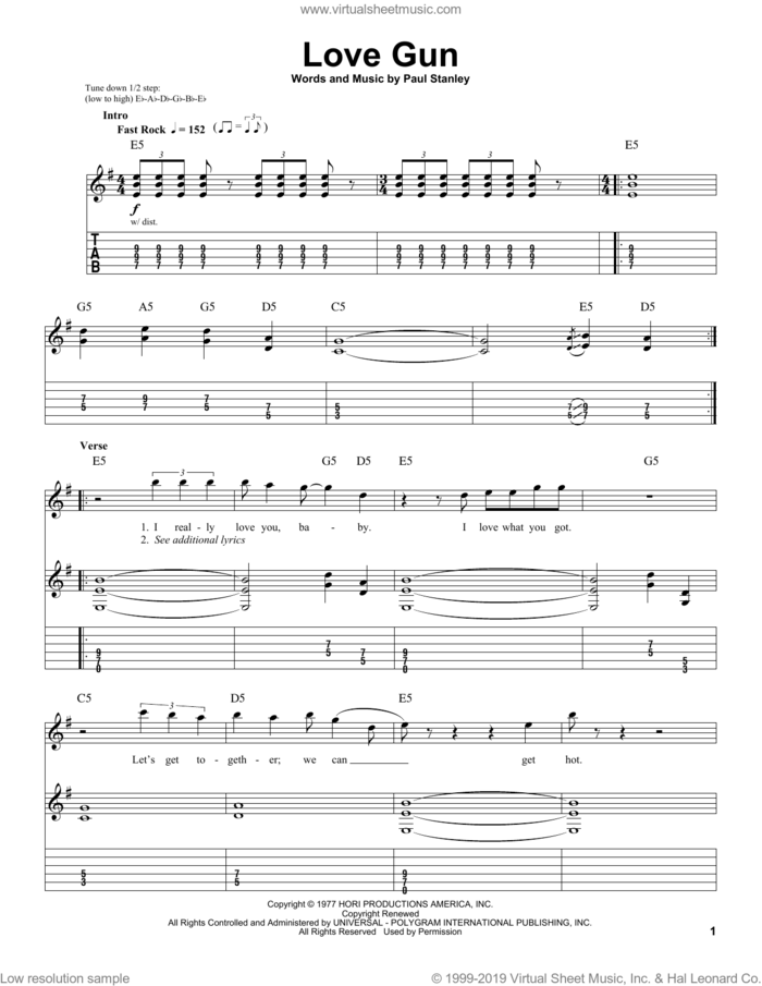 Love Gun sheet music for guitar (tablature, play-along) by KISS and Paul Stanley, intermediate skill level