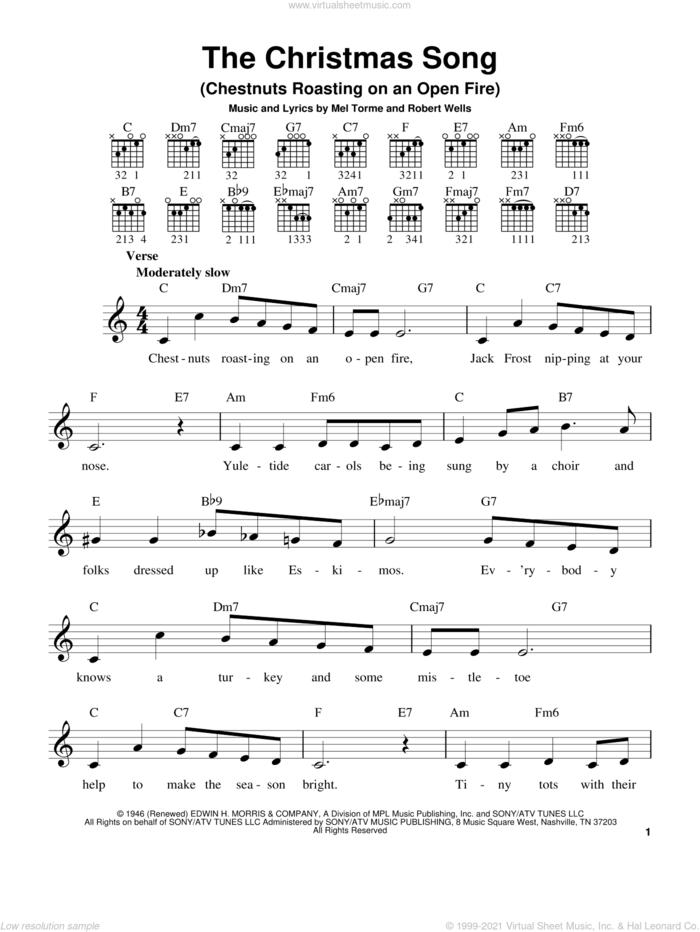 The Christmas Song (Chestnuts Roasting On An Open Fire) sheet music for guitar solo (chords) by Mel Torme and Robert Wells, easy guitar (chords)