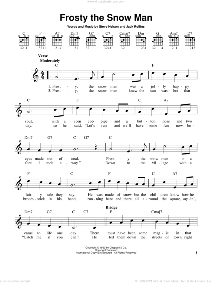 Frosty The Snow Man sheet music for guitar solo (chords) by Gene Autry, Jack Rollins and Steve Nelson, easy guitar (chords)