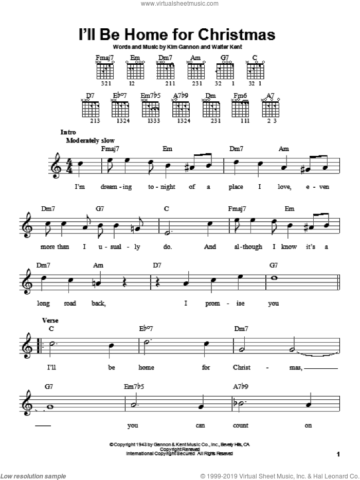 I'll Be Home For Christmas sheet music for guitar solo (chords) by Bing Crosby, Kim Gannon and Walter Kent, easy guitar (chords)