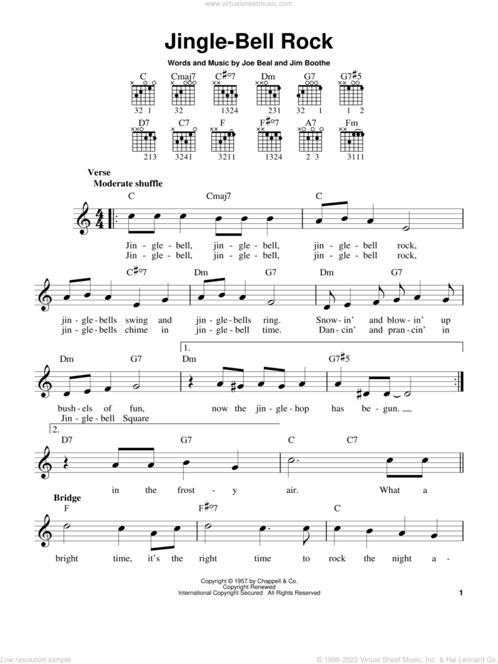 Jingle-Bell Rock sheet music for guitar solo (chords) by Bobby Helms, Jim Boothe and Joe Beal, easy guitar (chords)