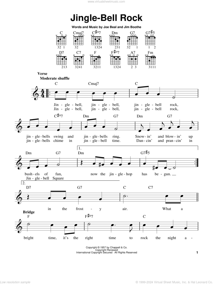 Jingle-Bell Rock sheet music for guitar solo (chords) by Bobby Helms, Jim Boothe and Joe Beal, easy guitar (chords)