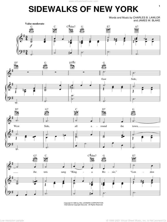 Sidewalks Of New York sheet music for voice, piano or guitar by Duke Ellington, Charles B. Lawlor and Eubie Blake, intermediate skill level