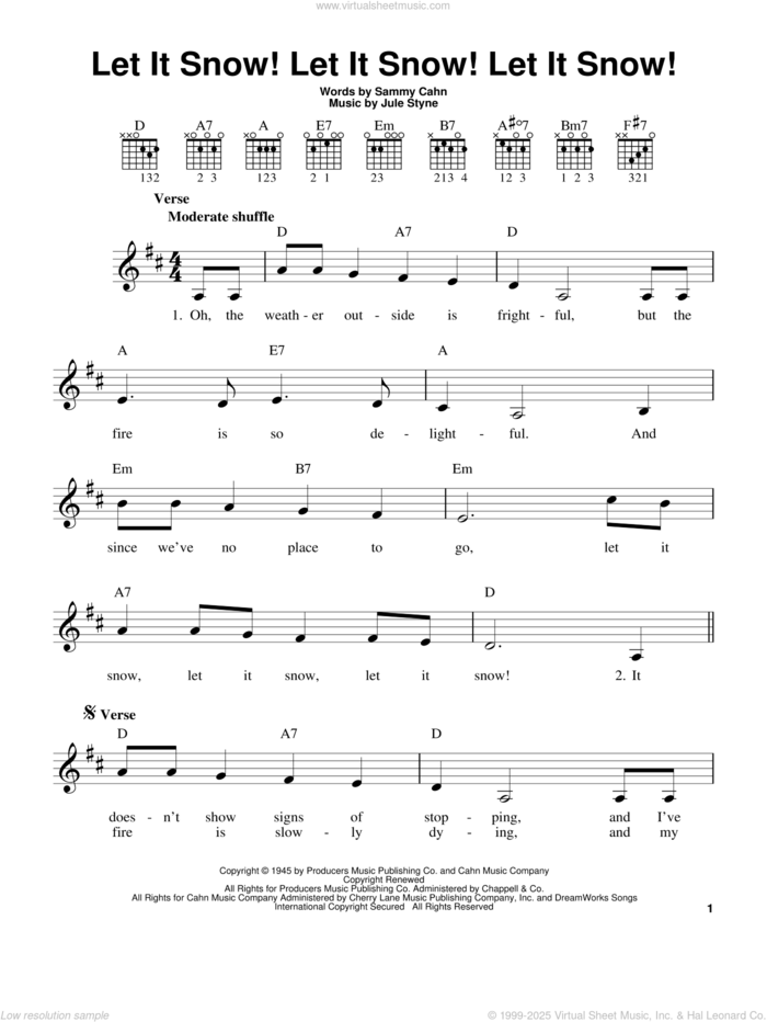 Let It Snow! Let It Snow! Let It Snow!, (easy) sheet music for guitar solo (chords) by Sammy Cahn and Jule Styne, easy guitar (chords)
