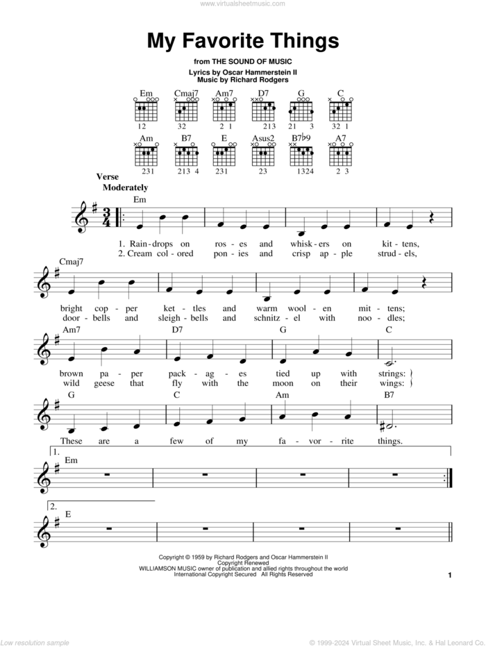 My Favorite Things (from The Sound of Music) sheet music for guitar solo (chords) by Rodgers & Hammerstein, The Sound Of Music (Musical), Oscar II Hammerstein and Richard Rodgers, easy guitar (chords)