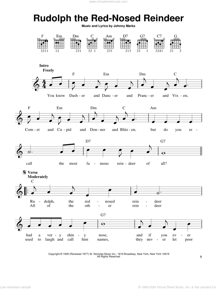 Rudolph The Red-Nosed Reindeer sheet music for guitar solo (chords) by Johnny Marks, easy guitar (chords)