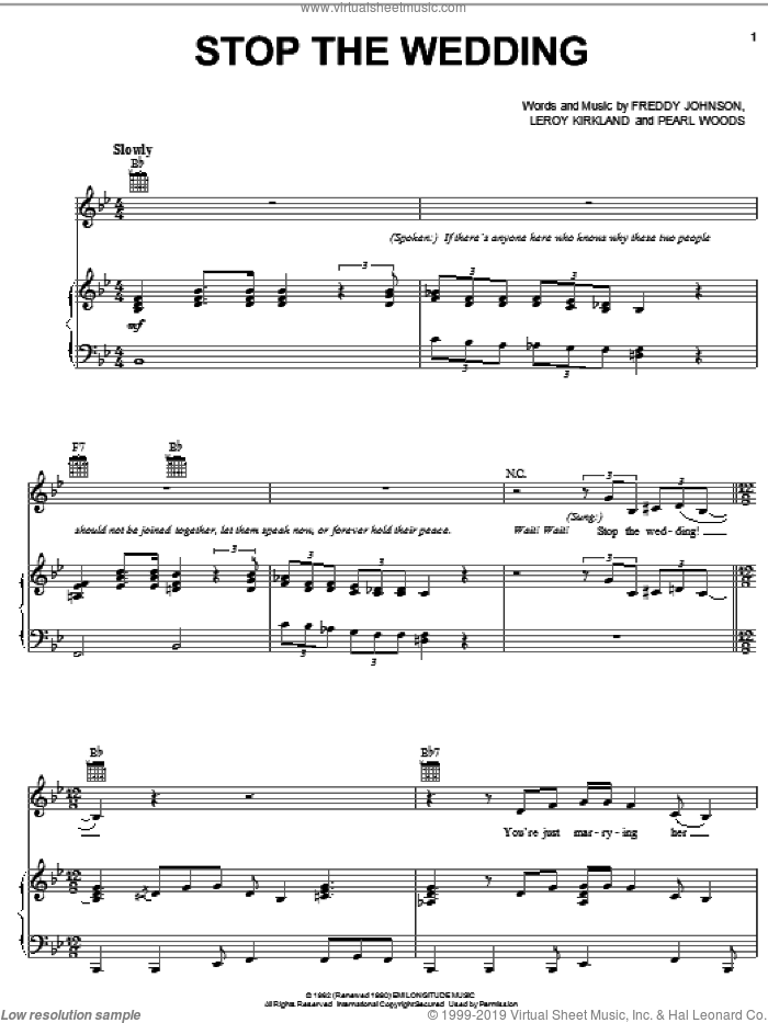 Stop The Wedding sheet music for voice, piano or guitar by Etta James, Freddy Johnson, Leroy Kirkland and Pearl Woods, intermediate skill level