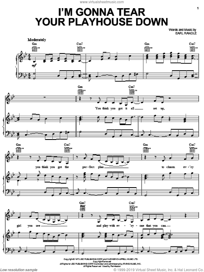 I'm Gonna Tear Your Playhouse Down sheet music for voice, piano or guitar by Ann Peebles and Earl Randle, intermediate skill level