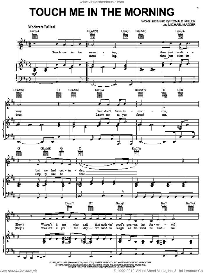 Touch Me In The Morning sheet music for voice, piano or guitar by Diana Ross, Michael Masser and Ron Miller, intermediate skill level