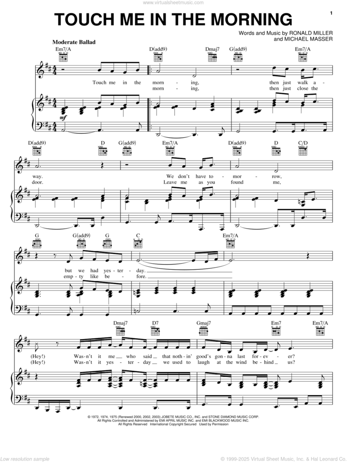 Touch Me In The Morning sheet music for voice, piano or guitar by Diana Ross, Michael Masser and Ron Miller, intermediate skill level