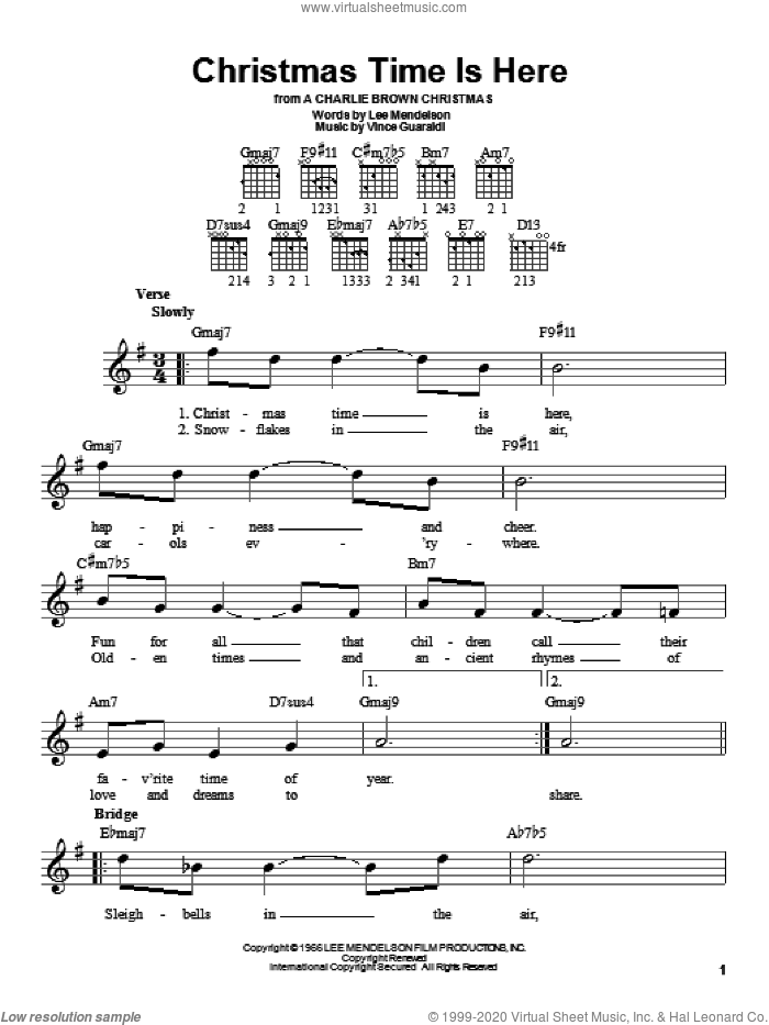 Christmas Time Is Here sheet music for guitar solo (chords) by Vince Guaraldi and Lee Mendelson, easy guitar (chords)