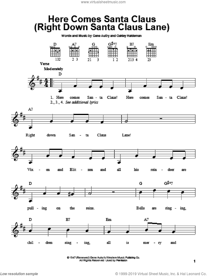 Here Comes Santa Claus (Right Down Santa Claus Lane), (easy) sheet music for guitar solo (chords) by Gene Autry and Oakley Haldeman, easy guitar (chords)