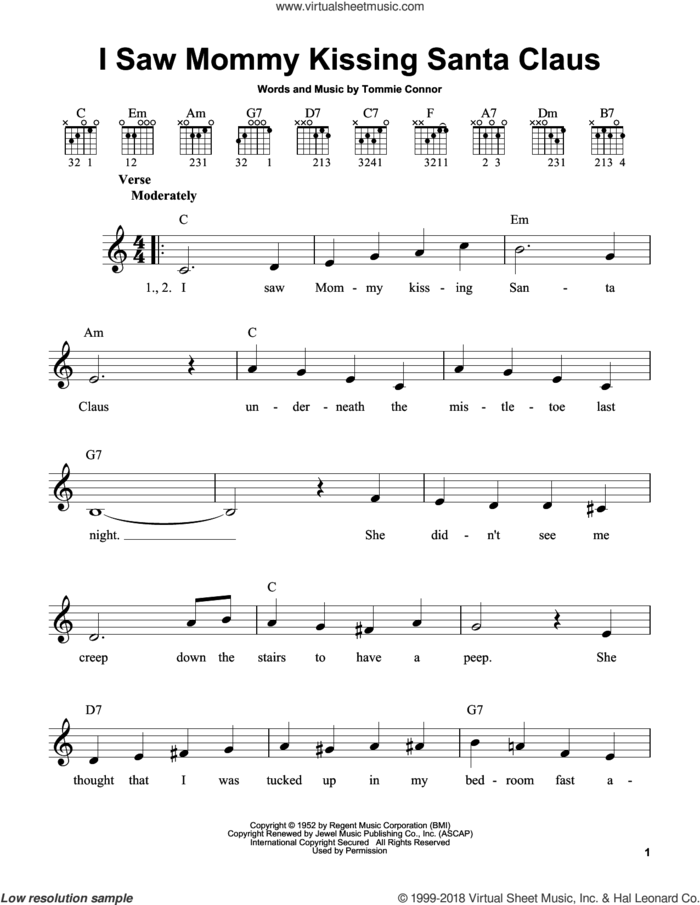I Saw Mommy Kissing Santa Claus, (easy) sheet music for guitar solo (chords) by Tommie Connor, easy guitar (chords)