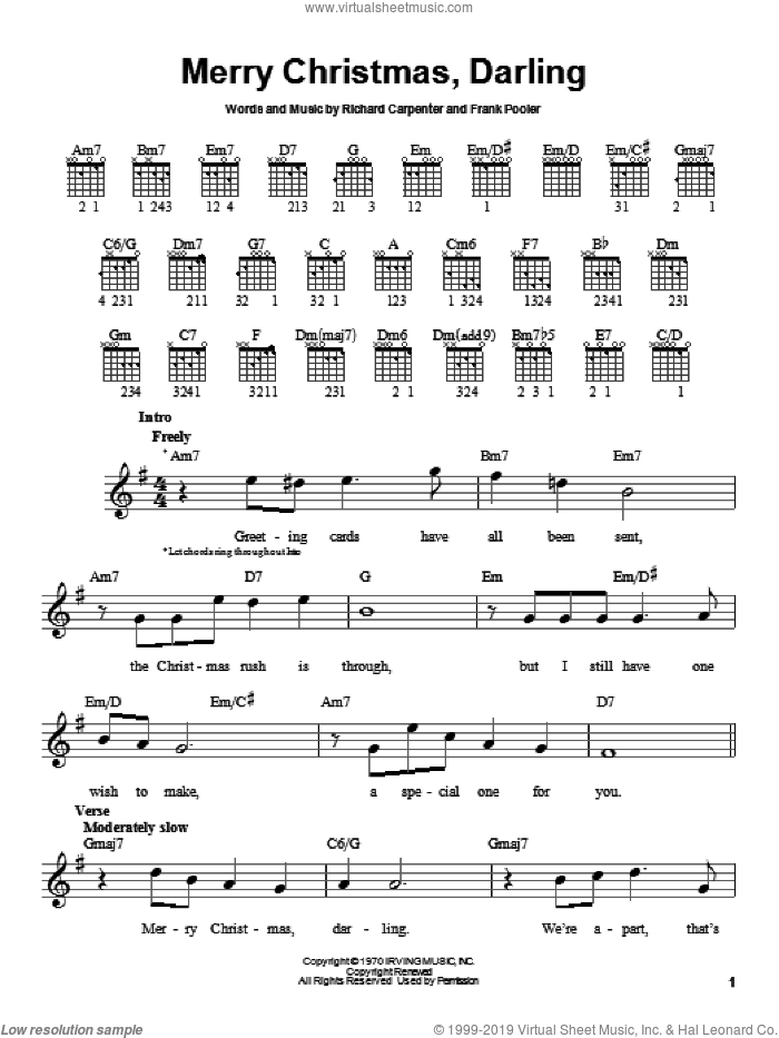 Merry Christmas, Darling sheet music for guitar solo (chords) by Carpenters, Frank Pooler and Richard Carpenter, easy guitar (chords)