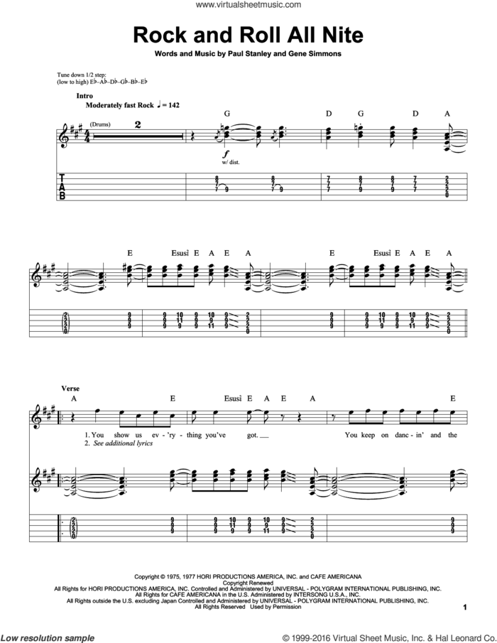 Rock And Roll All Nite sheet music for guitar (tablature, play-along) by KISS, Gene Simmons and Paul Stanley, intermediate skill level