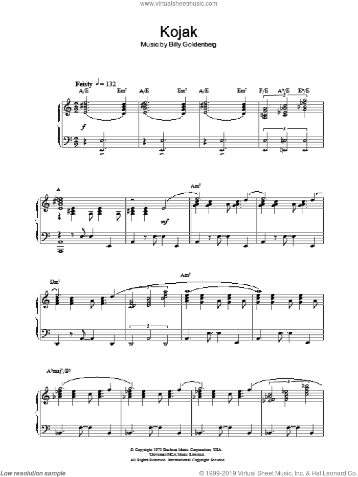 Theme from Kojak sheet music for piano solo by Billy Goldenberg, intermediate skill level